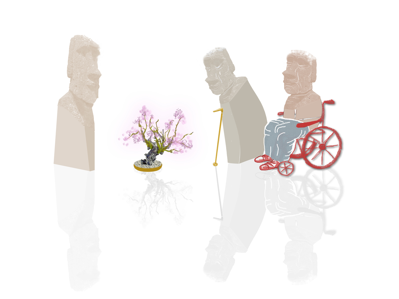 Figure ispirate ai moai, un albero in fiore e persone anziane: illustrazione originale di In Mindfulness
