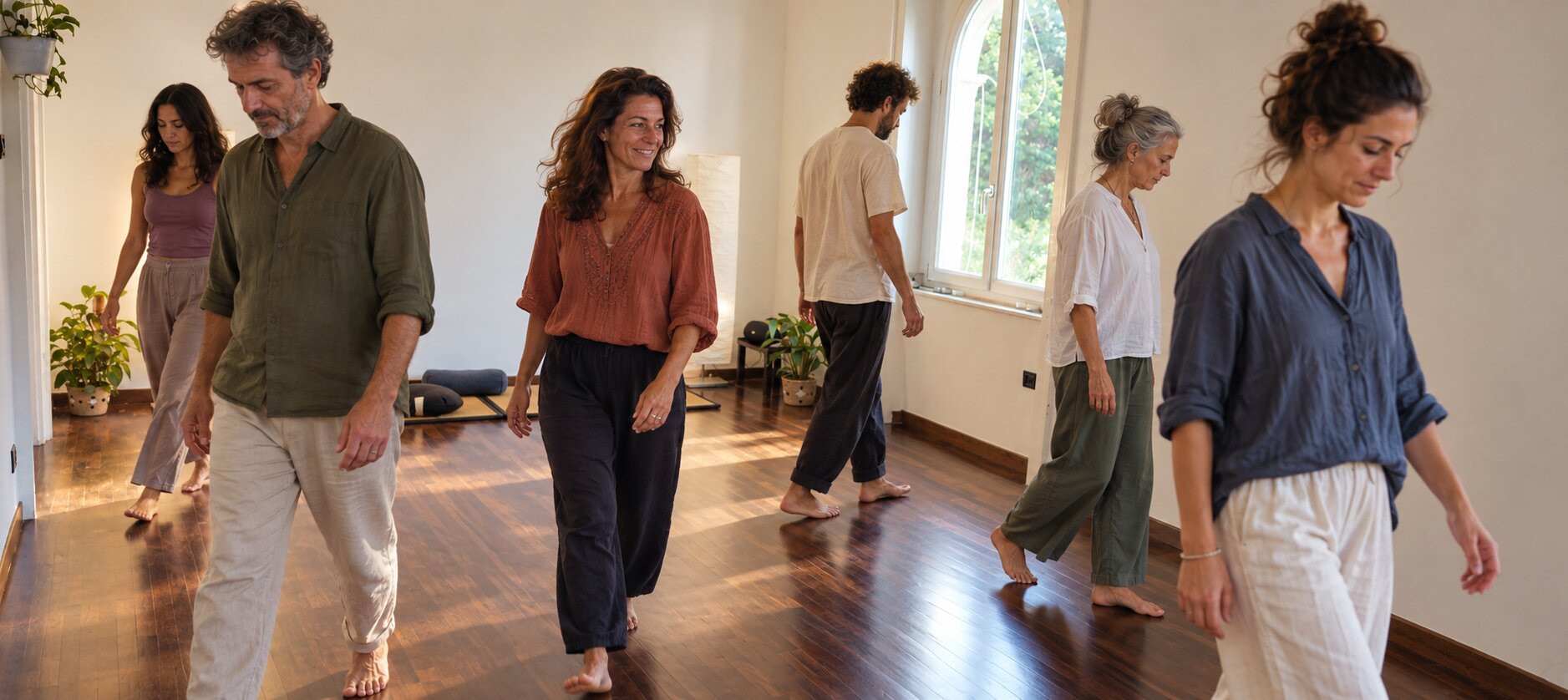 Pratica di meditazione camminata durante un percorso MBSR