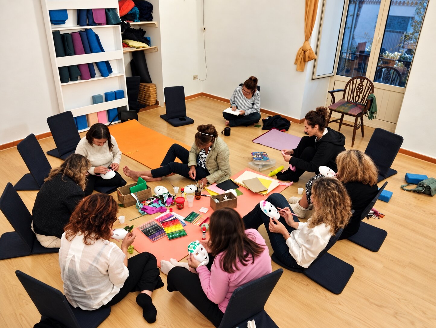 Partecipanti in cerchio durante un laboratorio creativo di mindfulness